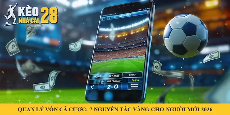 Điện thoại, quả bóng và tiền giấy trên sân – minh hoạ quản lý vốn cá cược