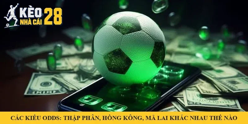 Quả bóng trên điện thoại cùng tiền giấy – minh hoạ odds thập phân, odds Hồng Kông và odds Mã Lai