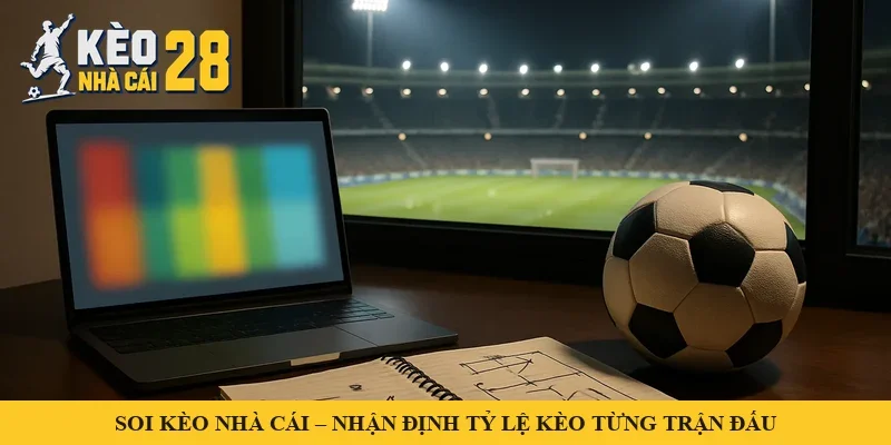 Bàn phân tích với laptop, sổ ghi chép và quả bóng nhìn ra sân vận động – minh hoạ soi kèo nhà cái